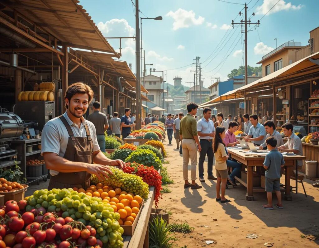 mercado vibrante con agricultores trabajadores y emprendedores en accion