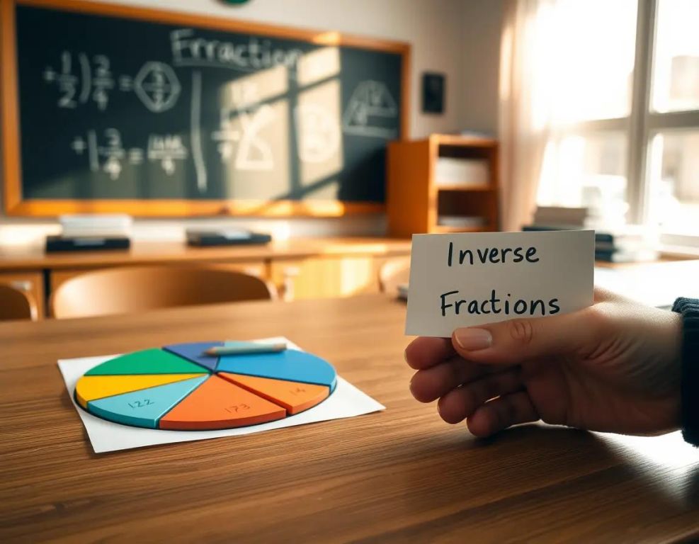mesa con grafico de fracciones colorido y tarjeta que dice “inverse fractions”