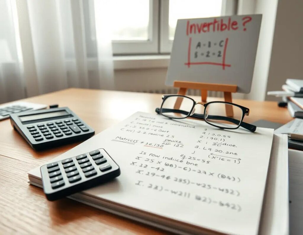mesa de matematico con cuaderno calculadora pizarra y gafas iluminada suavemente