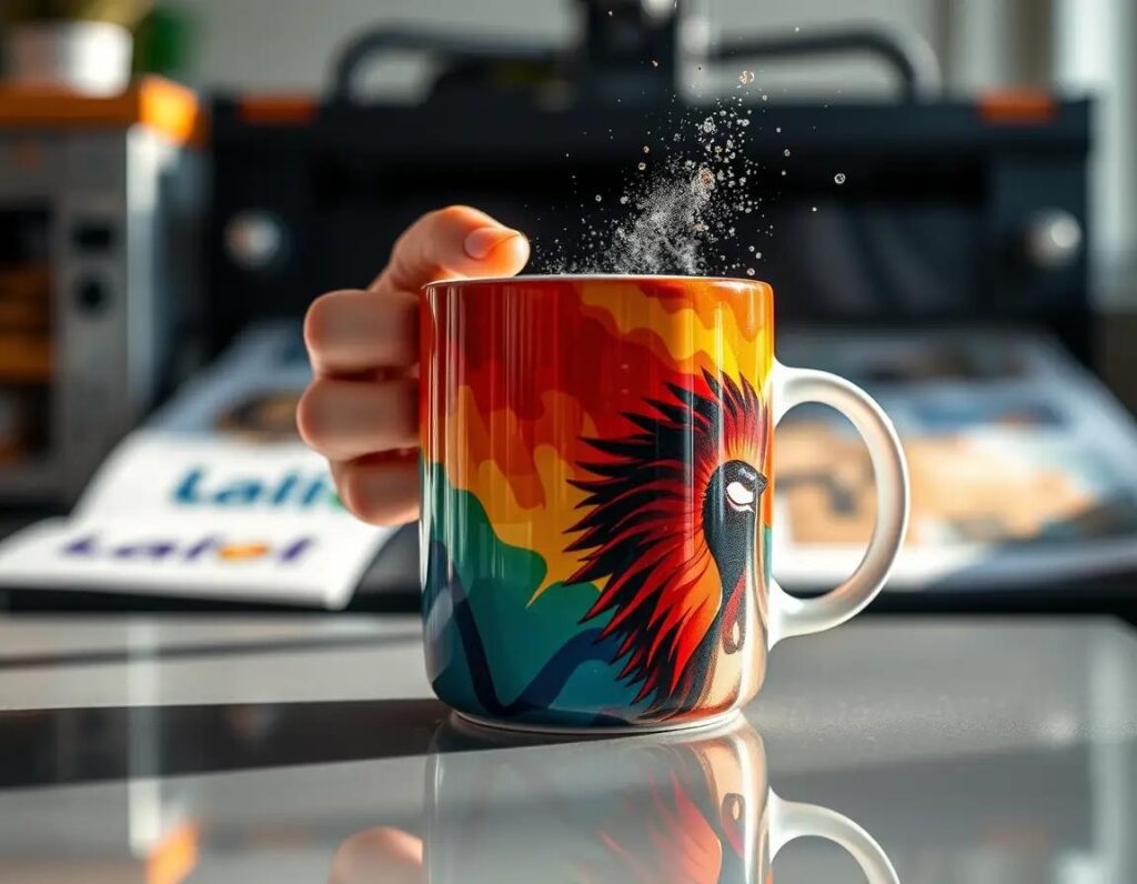 mug colorido en superficie reflectante detalles en proceso de transformacion