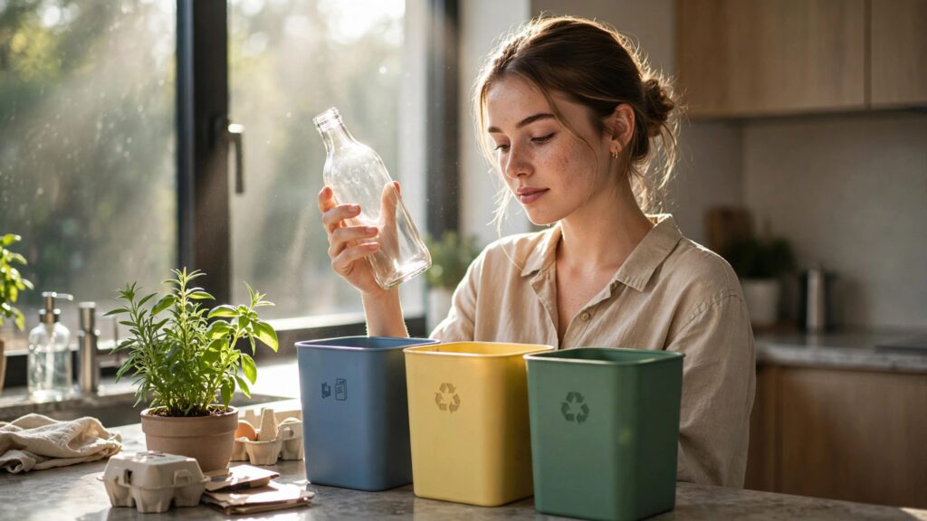 mujer clasificando residuos en cocina luminosa con botella de vidrio