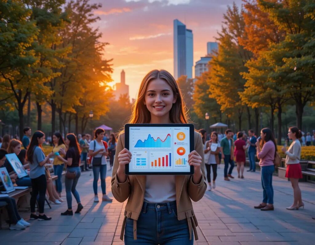 mujer con tablet en parque al atardecer rodeada de actividades coloridas