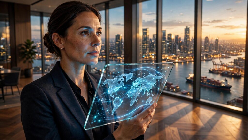 mujer ejecutiva analizando comercio digital desde su oficina