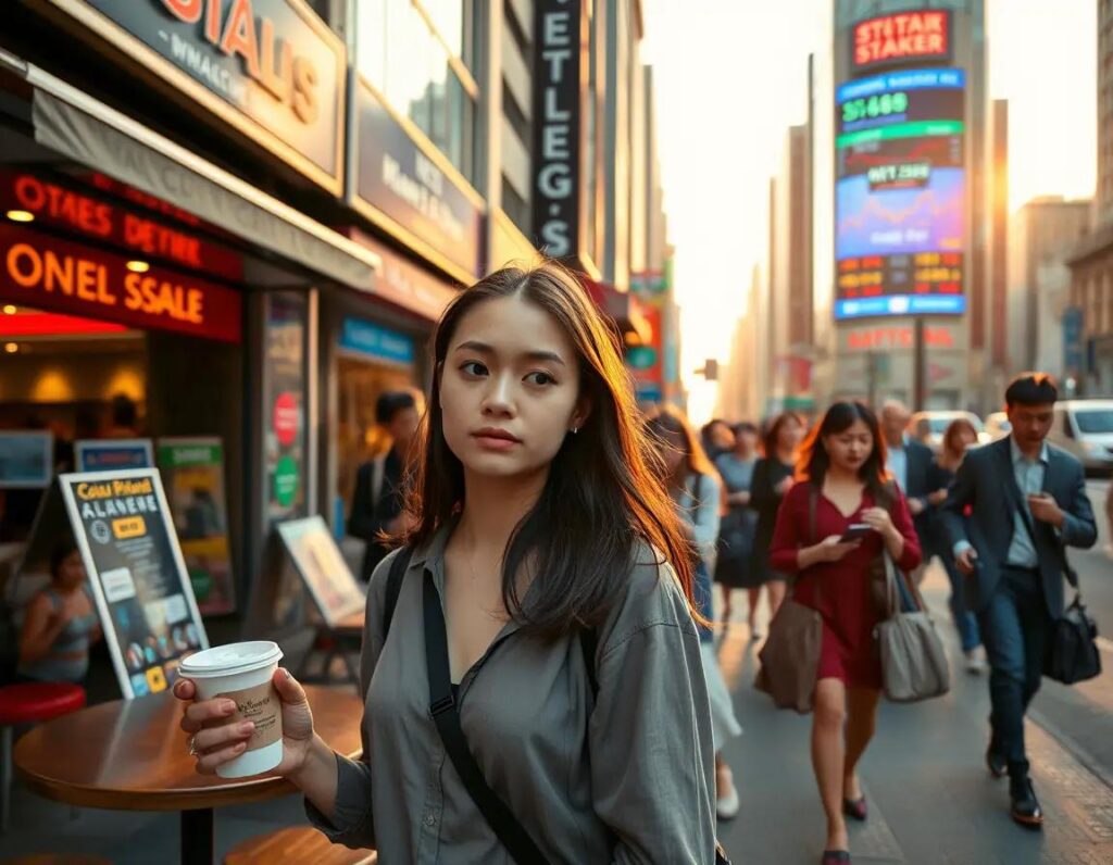 mujer en cafe ciudad activa al amanecer luces y movimiento vibrante