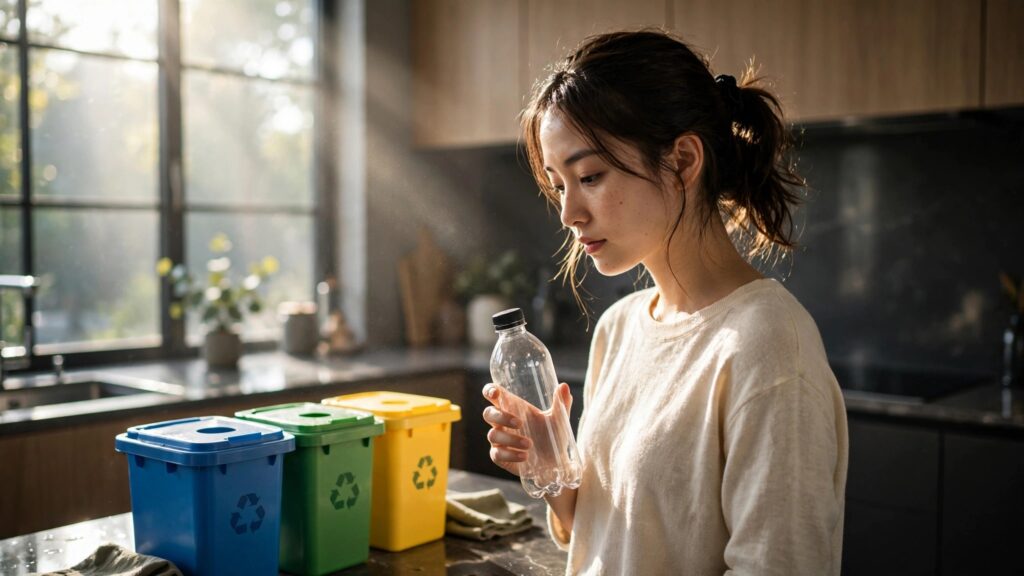 mujer en cocina luminosa separando envases de vidrio para reciclar