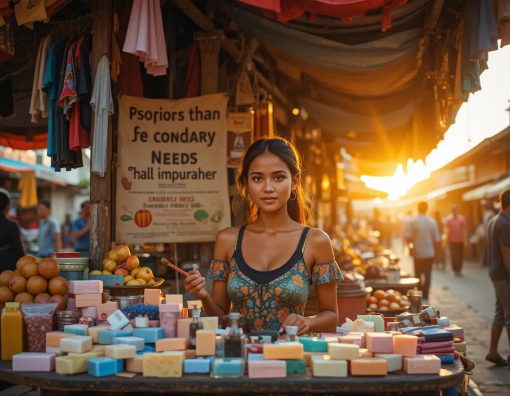 mujer en mercado al amanecer rodeada de colores y vida