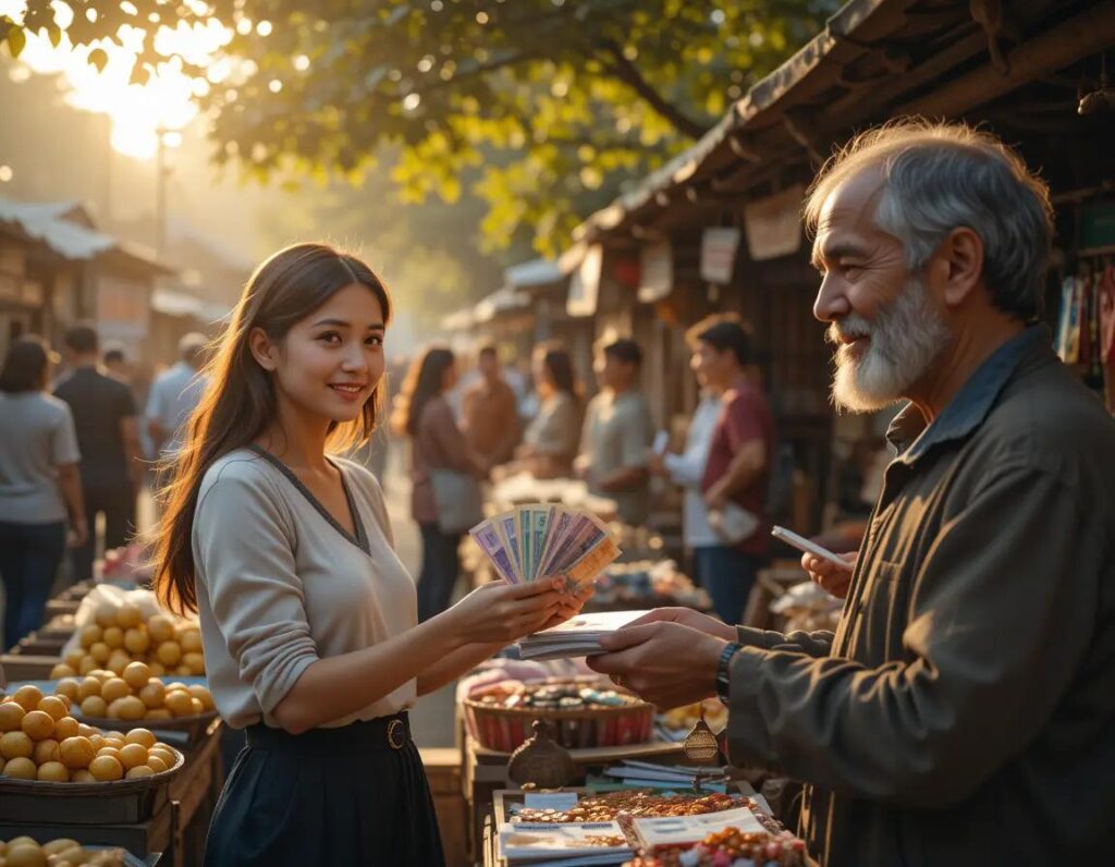 mujer entrega dinero a vendedor en mercado matutino lleno de vida