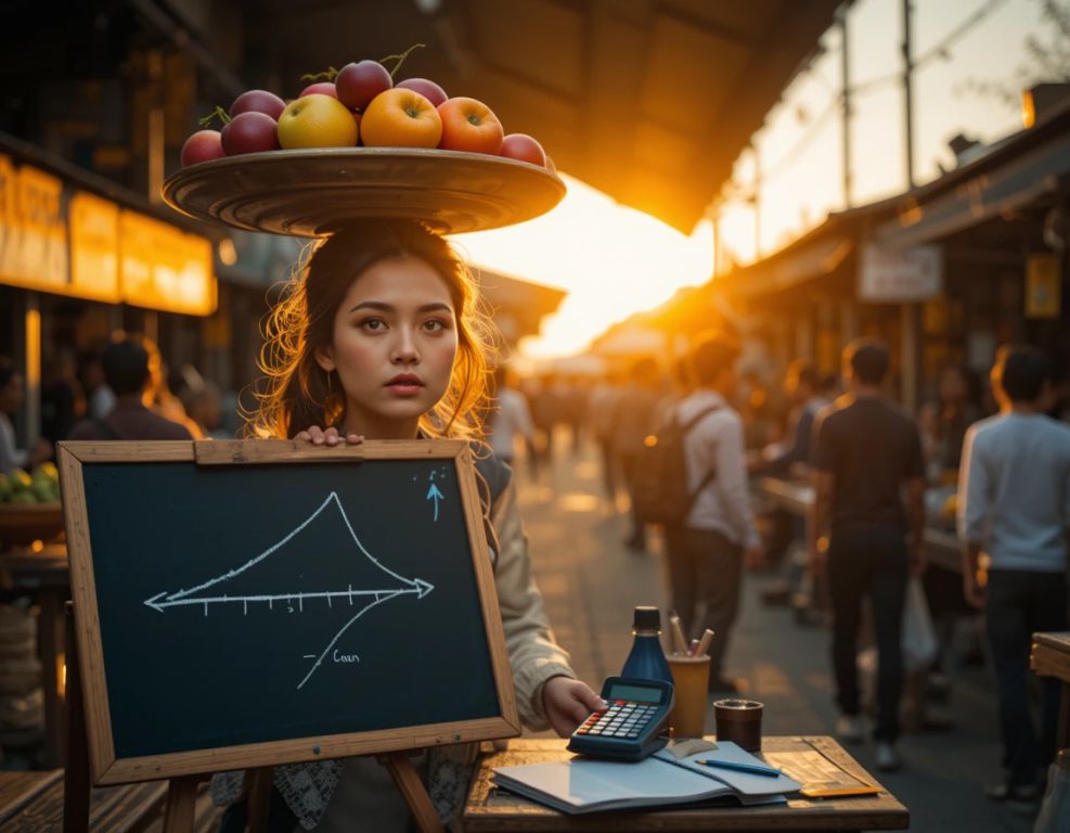 mujer equilibrando frutas en mercado al atardecer calculos y grafica