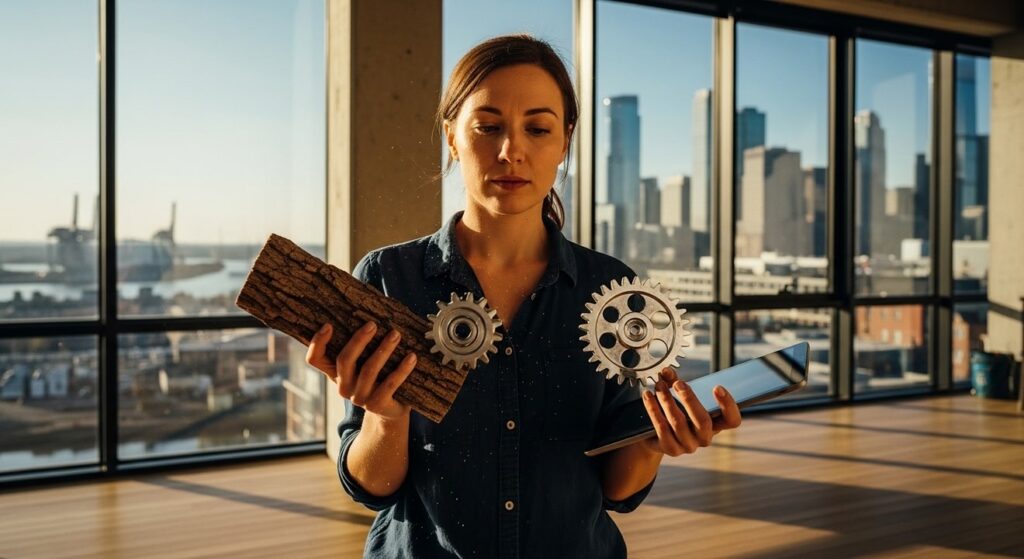 mujer sostiene madera engranaje y tableta digital en estudio