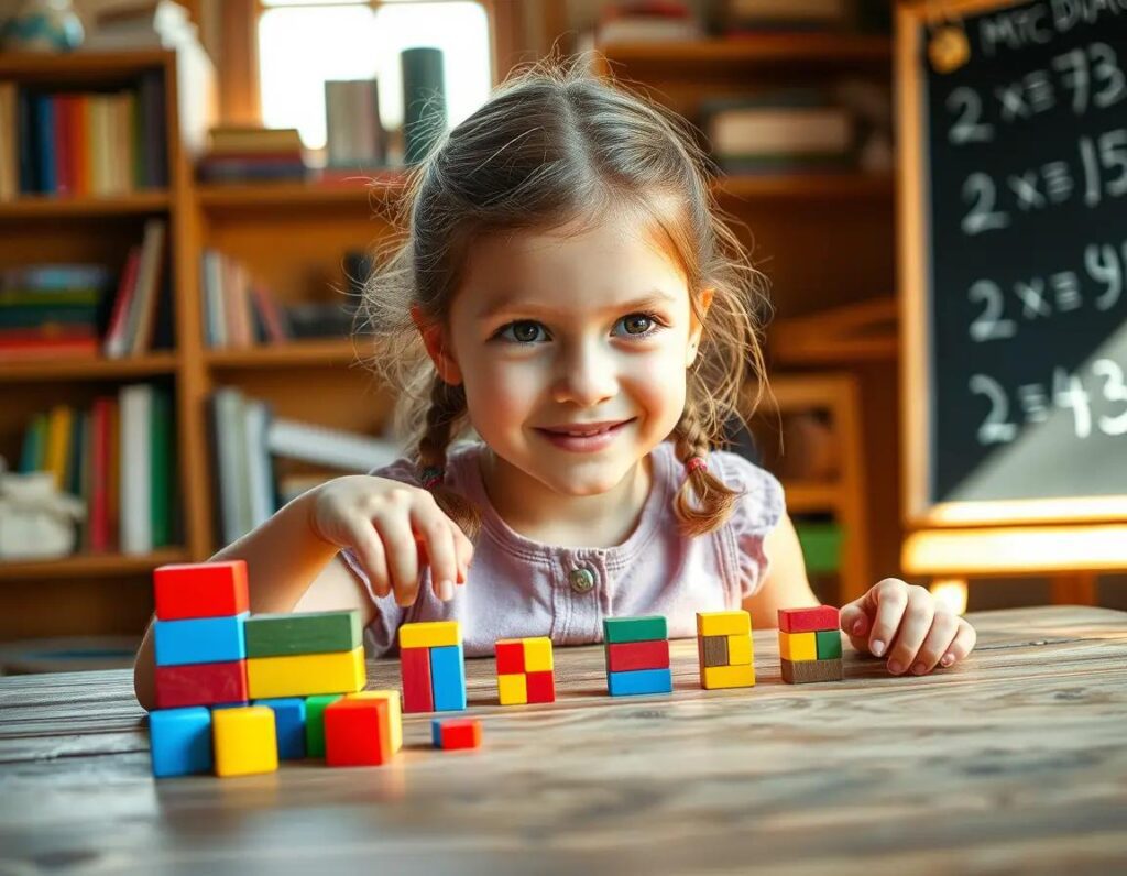 nina sonriente aprende matematicas con bloques en un entorno calido y acogedor