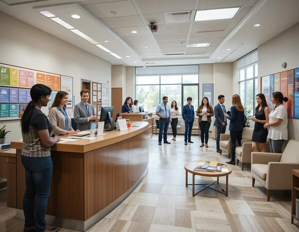 oficina moderna y acogedora con recepcion sala de espera y visitantes