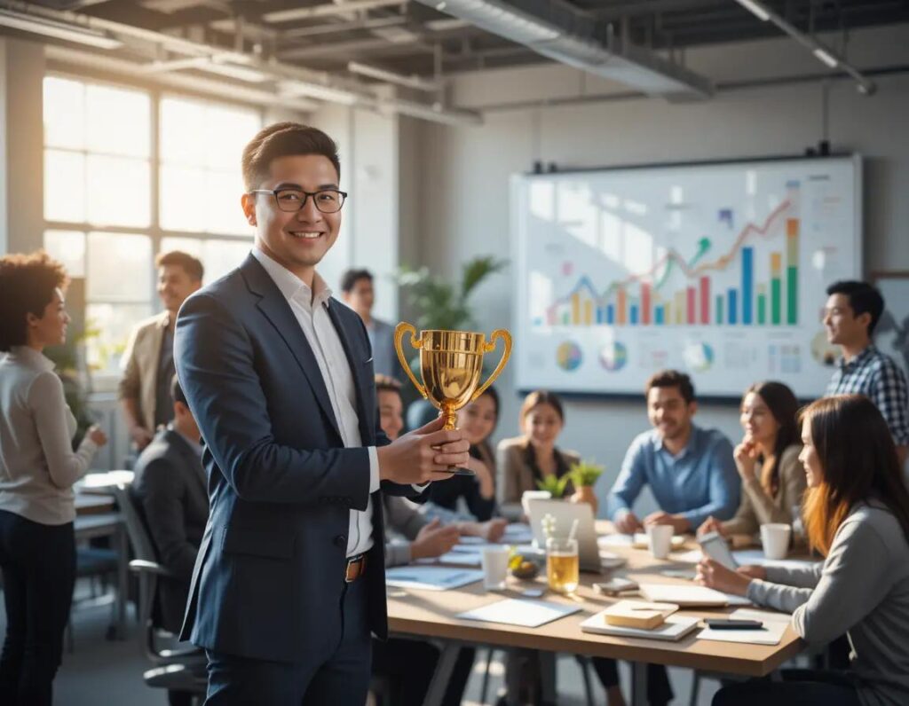 oficina vibrante con empleados felices reconocimiento y crecimiento