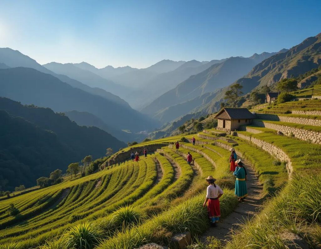 paisaje andino con terrazas agricultores y montanas al amanecer