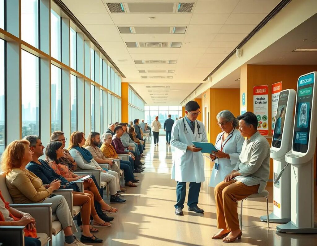 pasillo hospitalario moderno lleno de luz calida pacientes diversos tecnologia avanzada