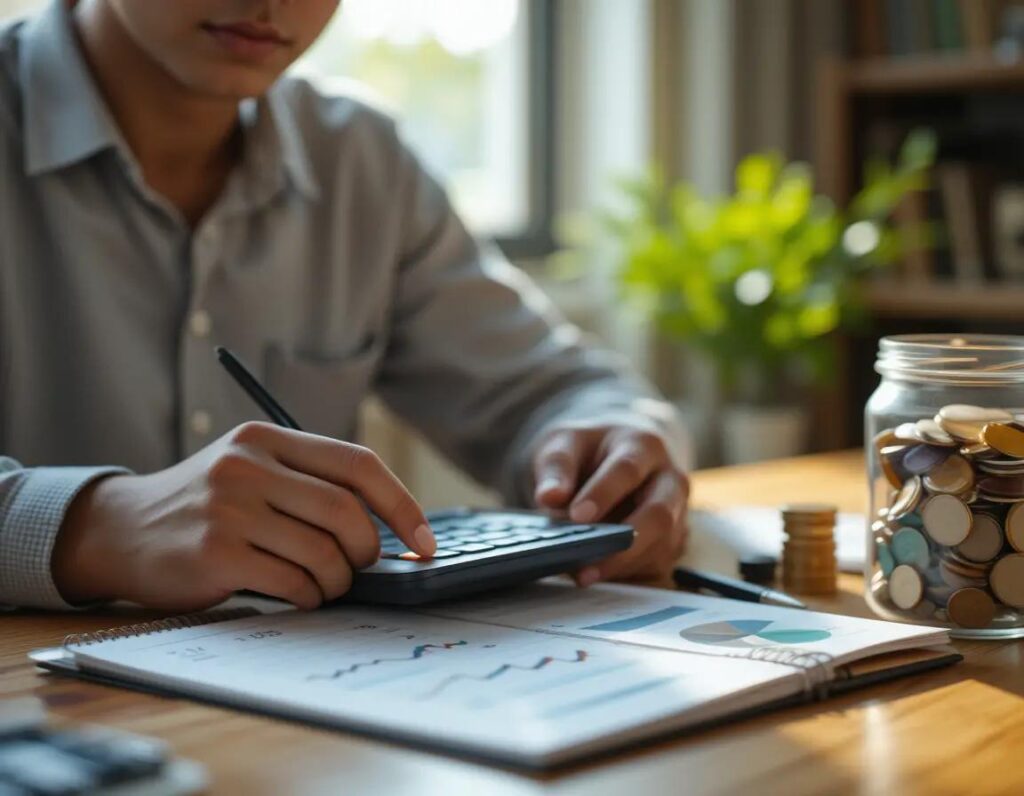 persona concentrada en calculos financieros en un escritorio calido y ordenado