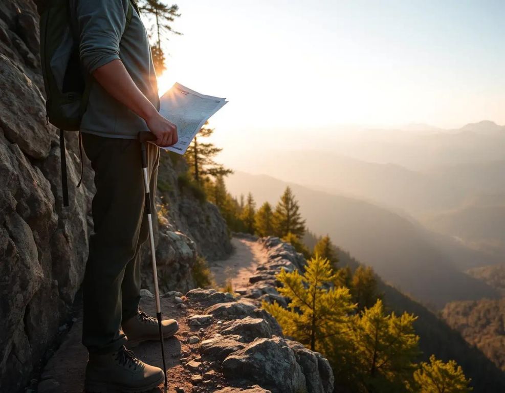 persona en sendero de montana al amanecer con mapa y baston paisaje sereno