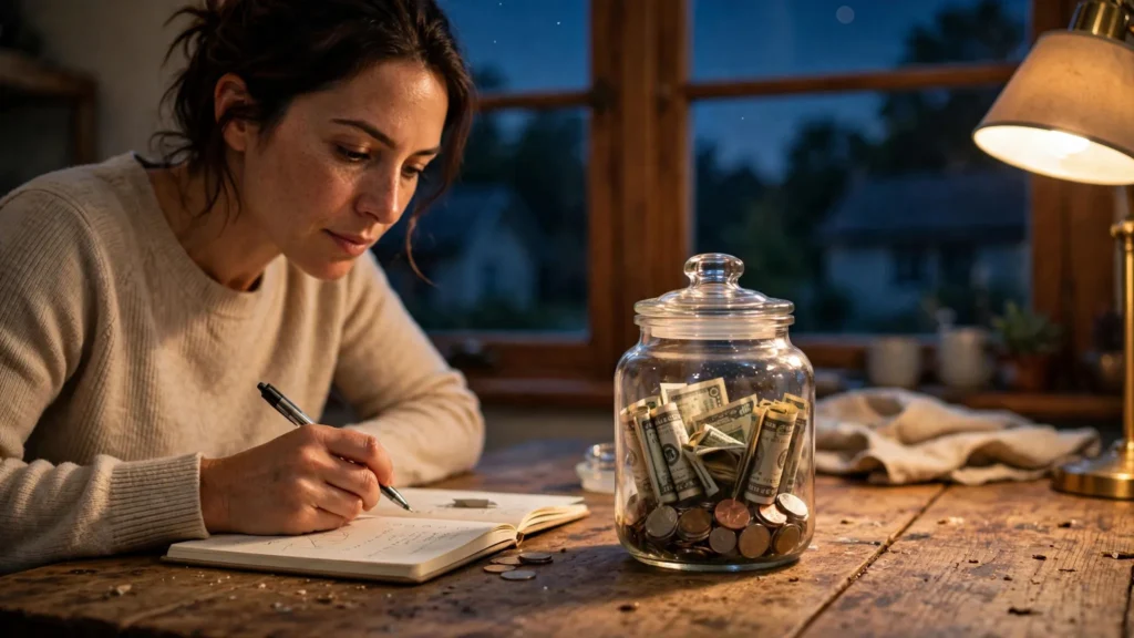 persona guardando dinero en frasco de vidrio sobre mesa