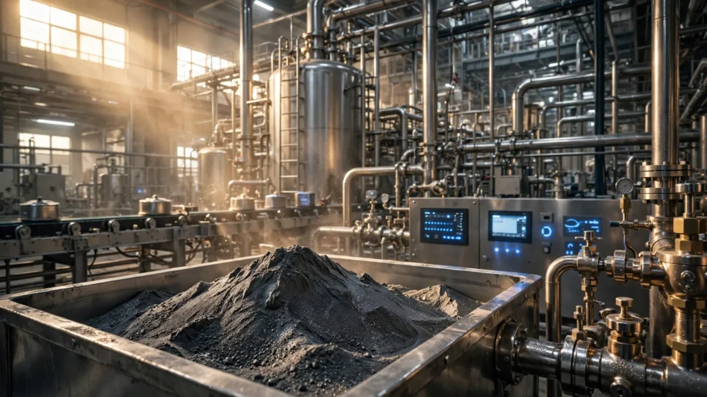 polvo de litio procesado dentro de una refineria industrial