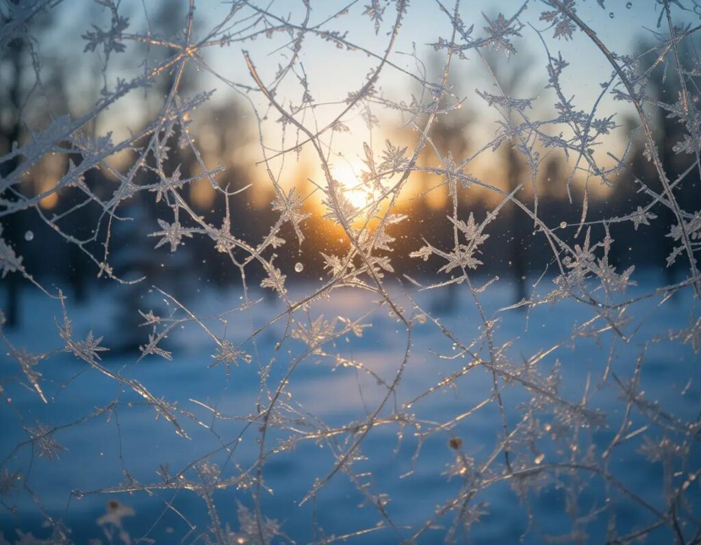 primer plano de cristales de hielo brillando en la ventana al amanecer