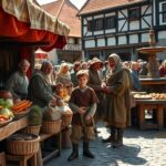 Productos en mercados medievales: especias, telas, alimentos y metales