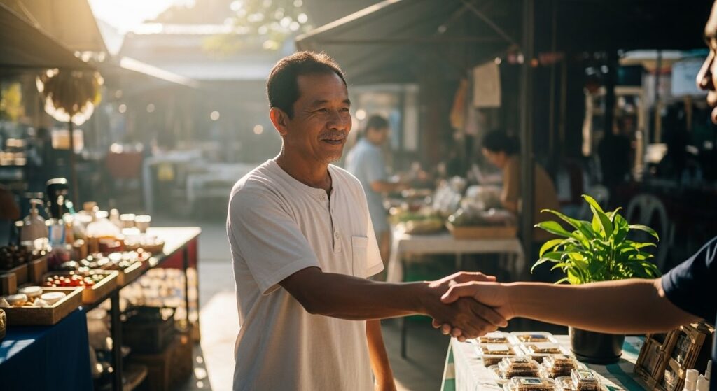sujeto estrecha mano a socio en plaza local iluminada