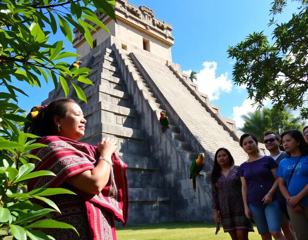 templo maya antiguo con flora aves coloridas y visitante en reverencia