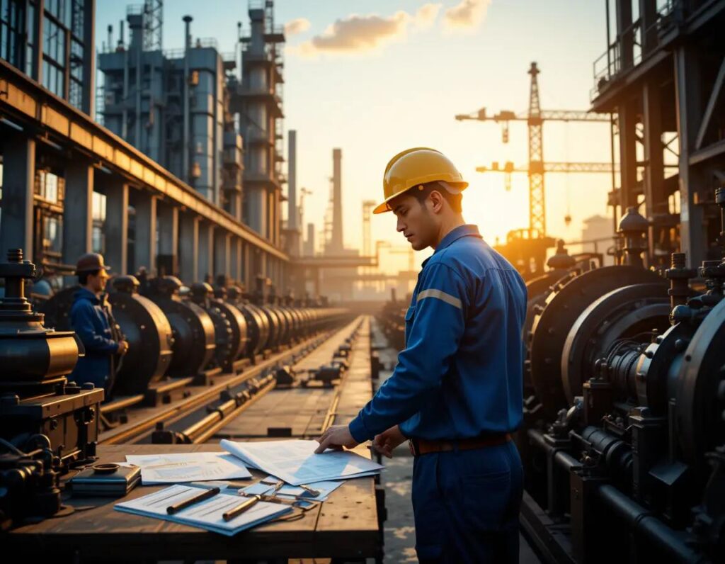 trabajador inspecciona maquinaria en fabrica al amanecer simbolo de progreso