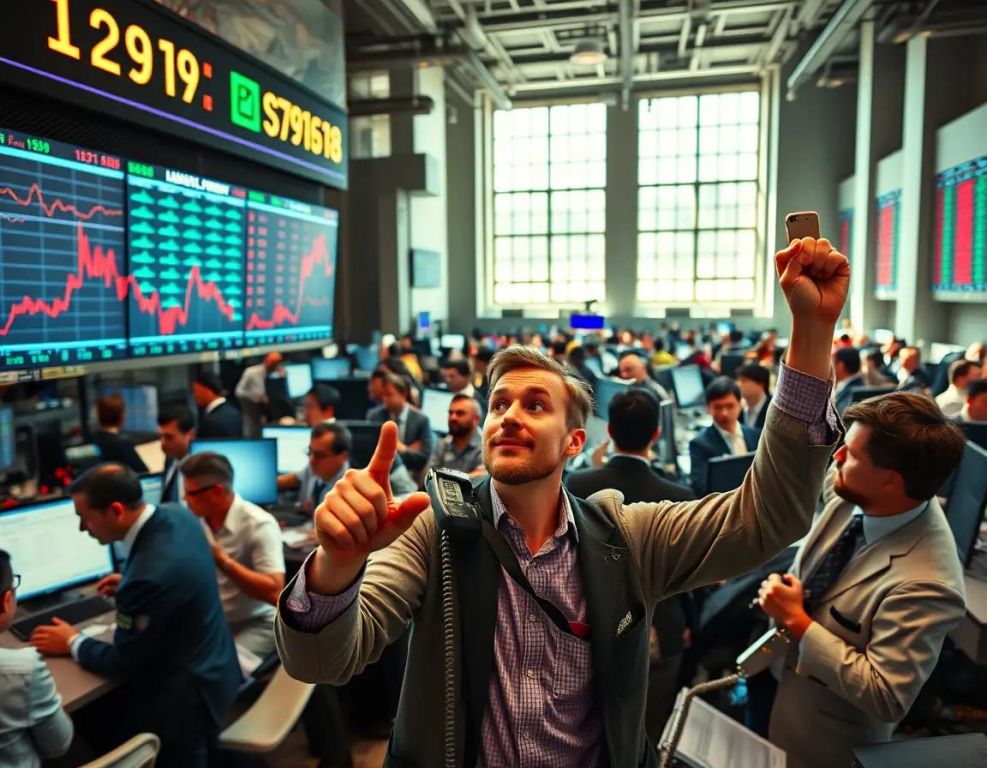 traders concentrados pantallas con graficos en rojo y verde ambiente tenso