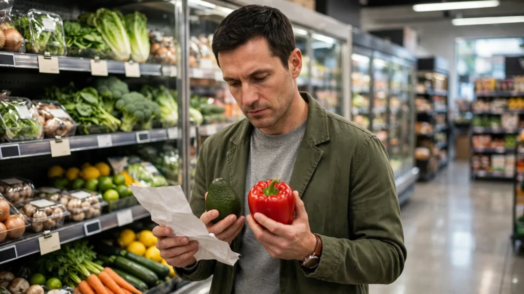 un comprador revisa alimentos frescos dentro de un supermercado