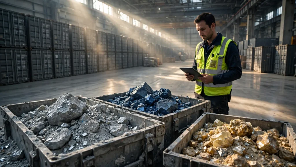 un encargado analiza reservas de minerales en un deposito industrial