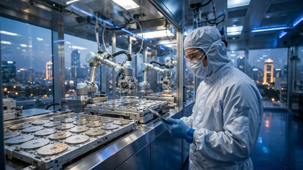 un especialista supervisa la fabricacion de microchips tecnologicos